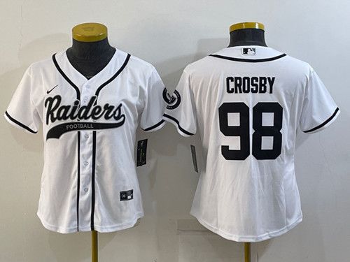 Women's Las Vegas Raiders #98 Maxx Crosby White With Patch Cool Base Stitched Baseball Jersey(Run Small)